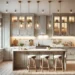 Small modern kitchen with recessed lighting, pendant lights, and under-cabinet lighting, designed to maximize space and functionality