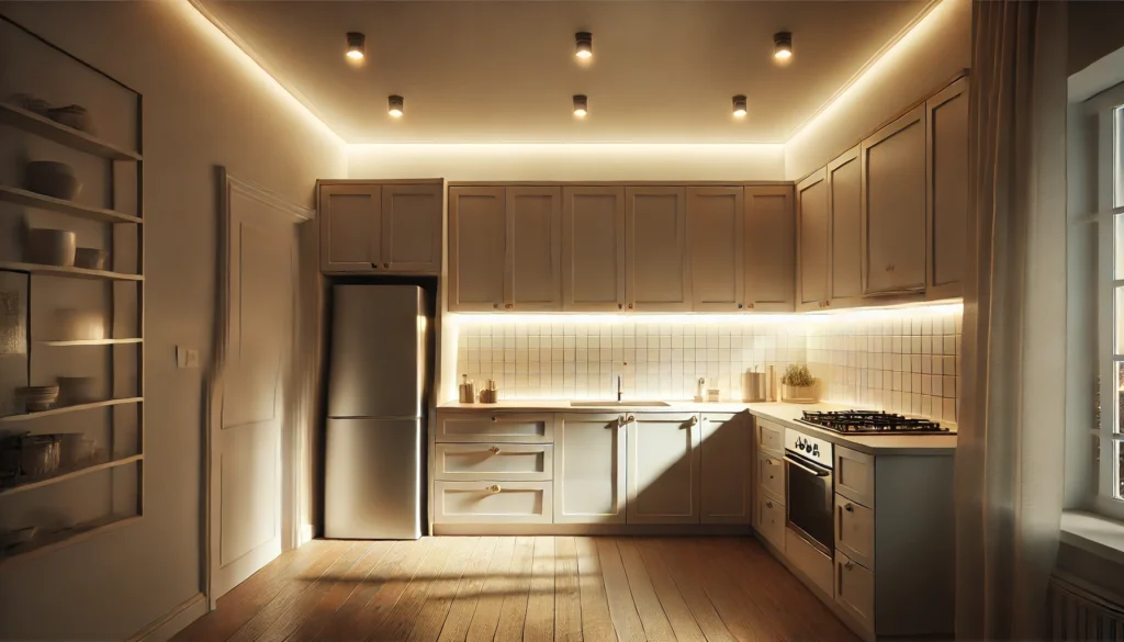 Small kitchen with soft ambient lighting from ceiling lights, creating a warm and inviting atmosphere and making the space feel larger