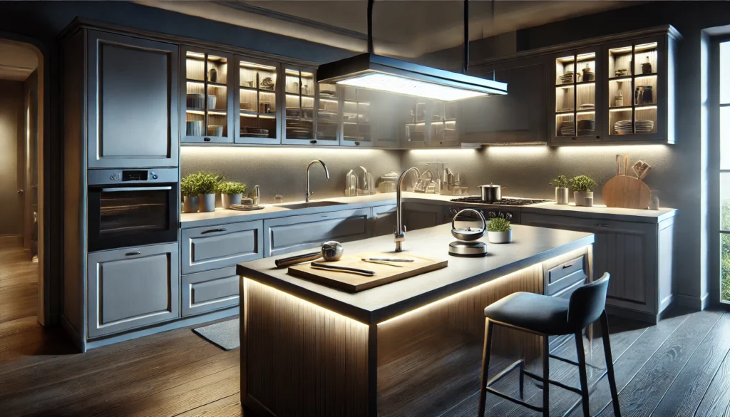 Kitchen with task lighting focused on countertops and food preparation areas, enhancing visibility for cooking and cleaning tasks