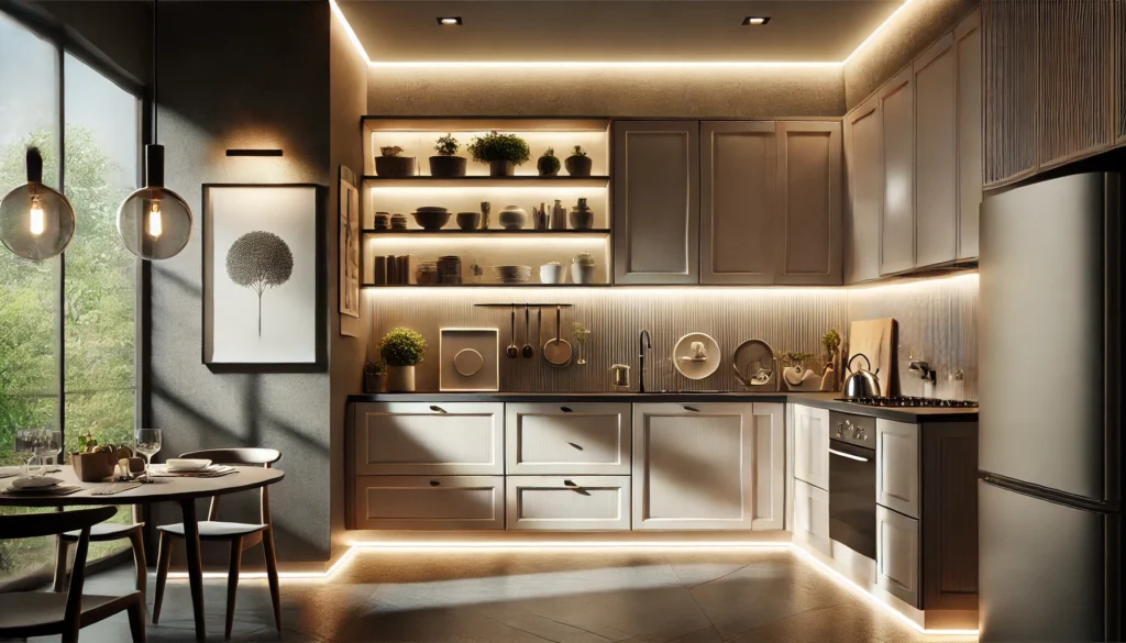 Kitchen with accent lighting highlighting decorative elements and creating depth, enhancing the ambiance and visual appeal