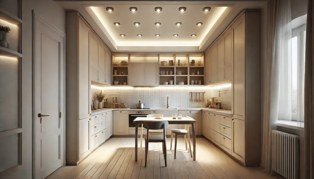 Small kitchen with recessed lighting built into the ceiling, offering efficient illumination for work areas and cabinets without taking up space