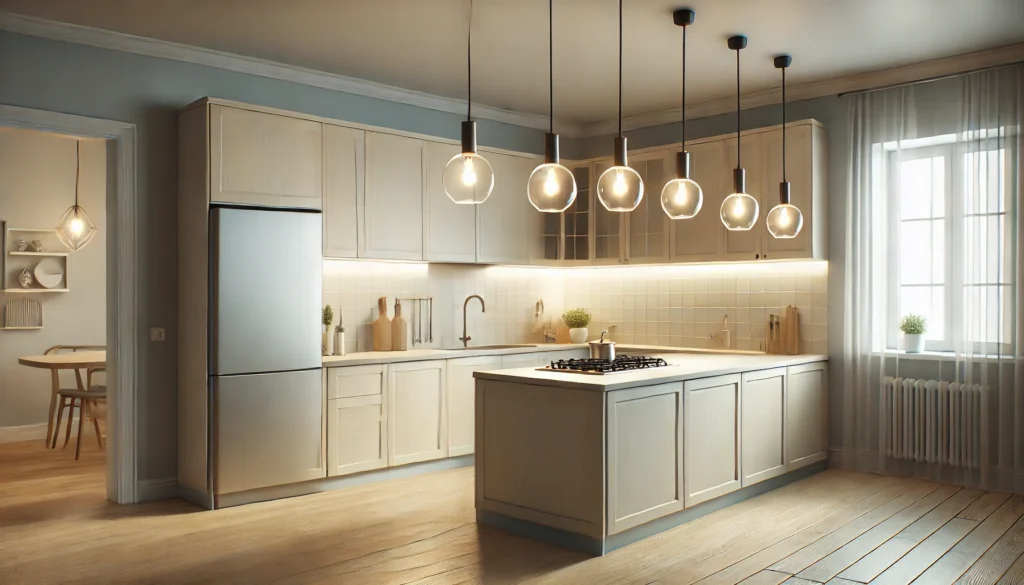 Small kitchen with pendant lights hanging over the island, providing focused task lighting in a sleek and modern design