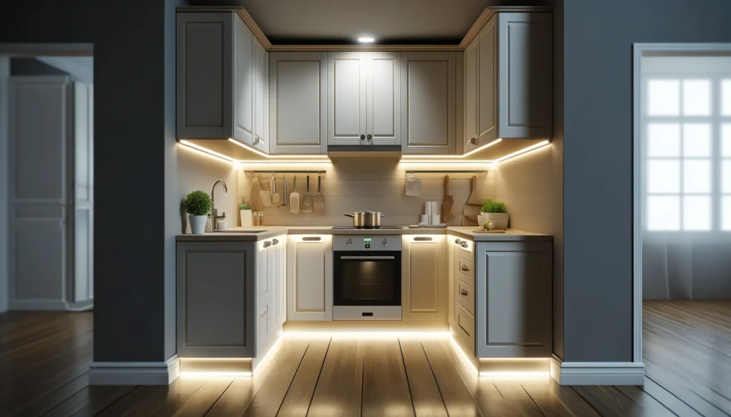 Small kitchen with LED under-cabinet lighting providing efficient illumination for countertops and cooking areas