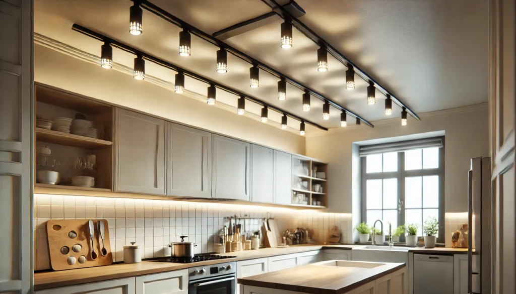 Small kitchen with track lighting on the ceiling, providing adjustable illumination for different areas and workspaces