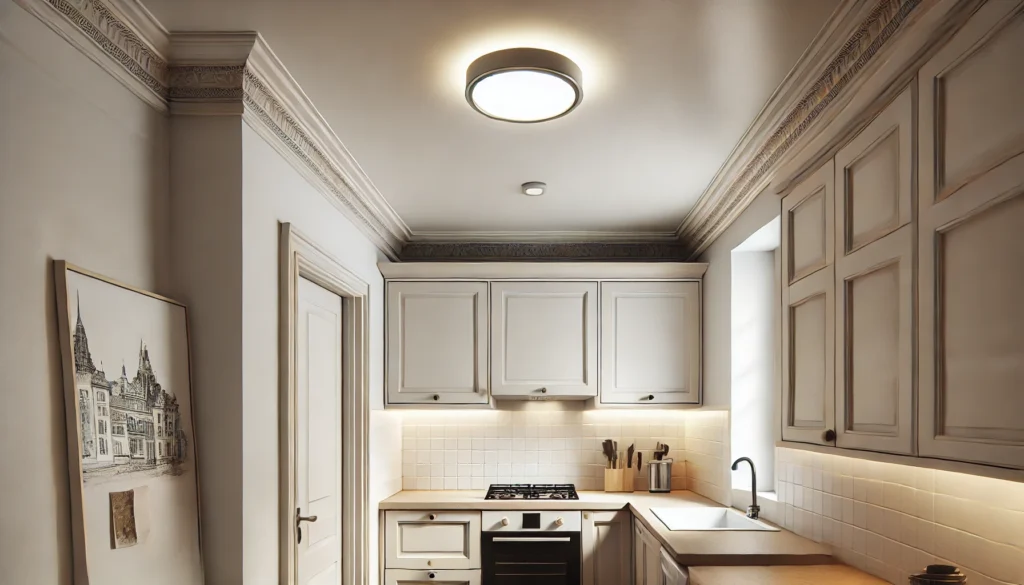 Small kitchen with ceiling flush mount light providing efficient illumination for a space with low ceilings