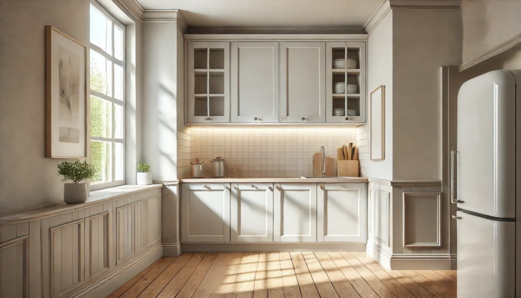 Small kitchen with light-colored walls, cabinets, and countertops, reflecting natural light to make the space appear larger and brighter