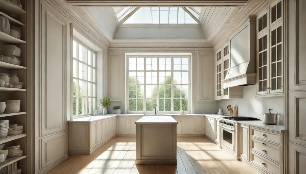 Small kitchen with large windows or a skylight, allowing natural light to flood the space and create a bright, airy atmosphere