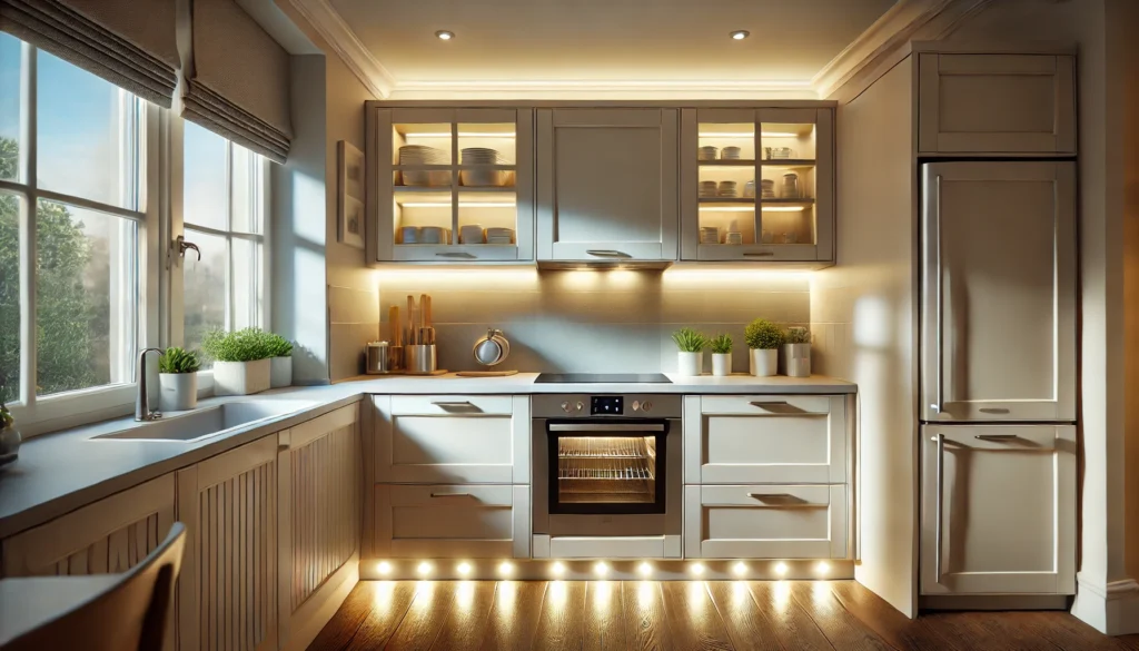 Small kitchen with LED lights under the cabinets, providing energy-efficient illumination in a modern, sleek design