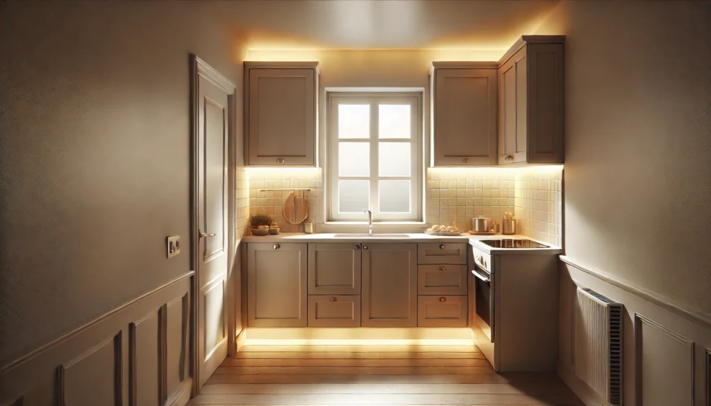 Small kitchen with warm white lighting (2700K-3000K) creating a cozy and homely atmosphere