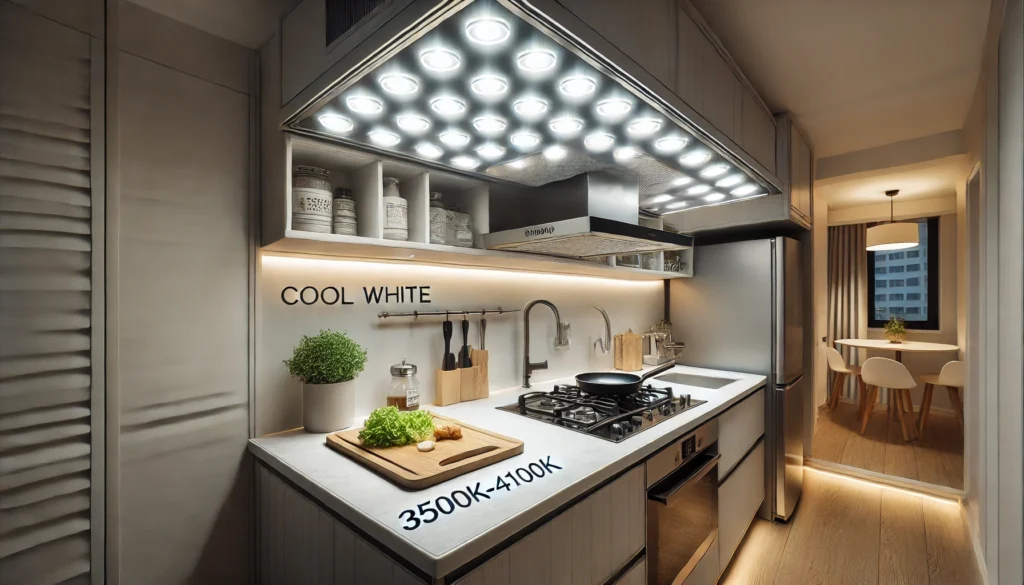 Small kitchen with cool white lighting (3500K-4100K) focused on food preparation areas for clear and efficient task lighting