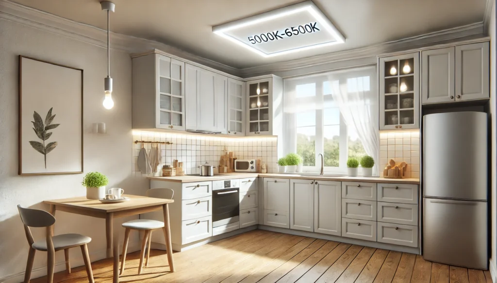 Small kitchen with daylight bulbs (5000K-6500K) providing bright, natural illumination, making the space appear larger and more open