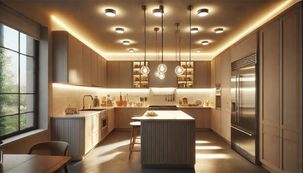 Small kitchen with pendant lights over the island, providing focused task lighting for cooking and dining