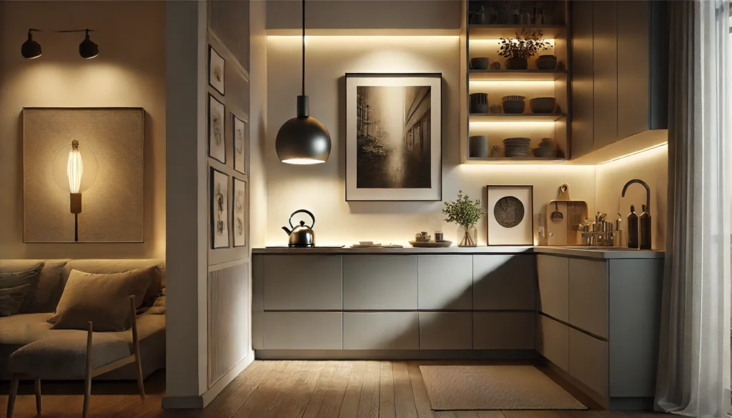 Small kitchen with accent lighting highlighting artwork and décor, creating depth and an inviting atmosphere