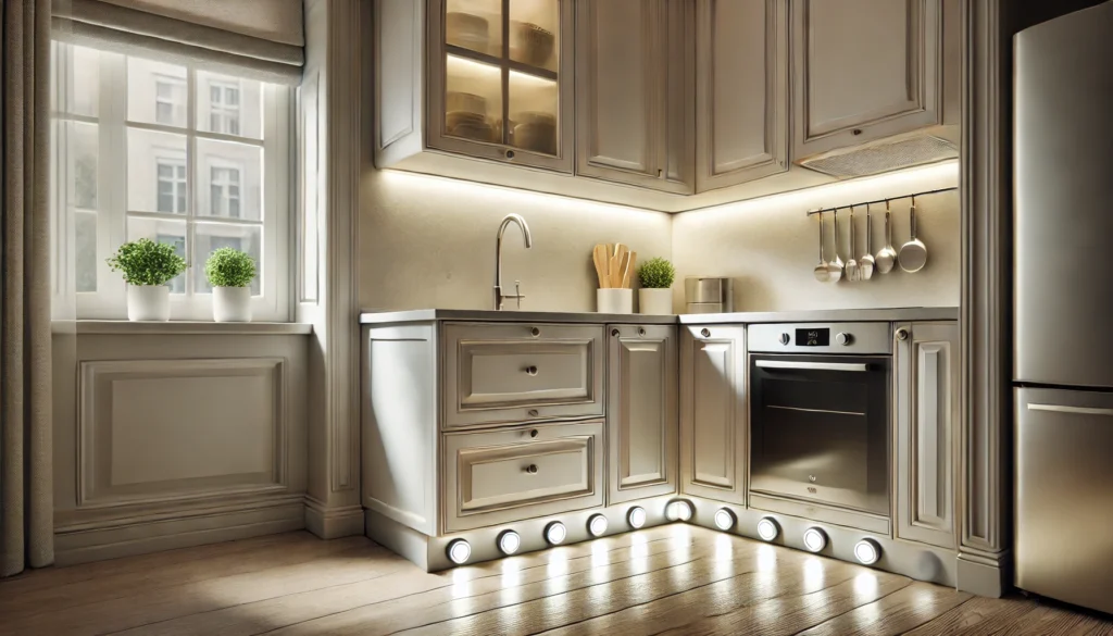 Small kitchen with battery-operated LED puck lights under cabinets, offering bright illumination without the need for wiring