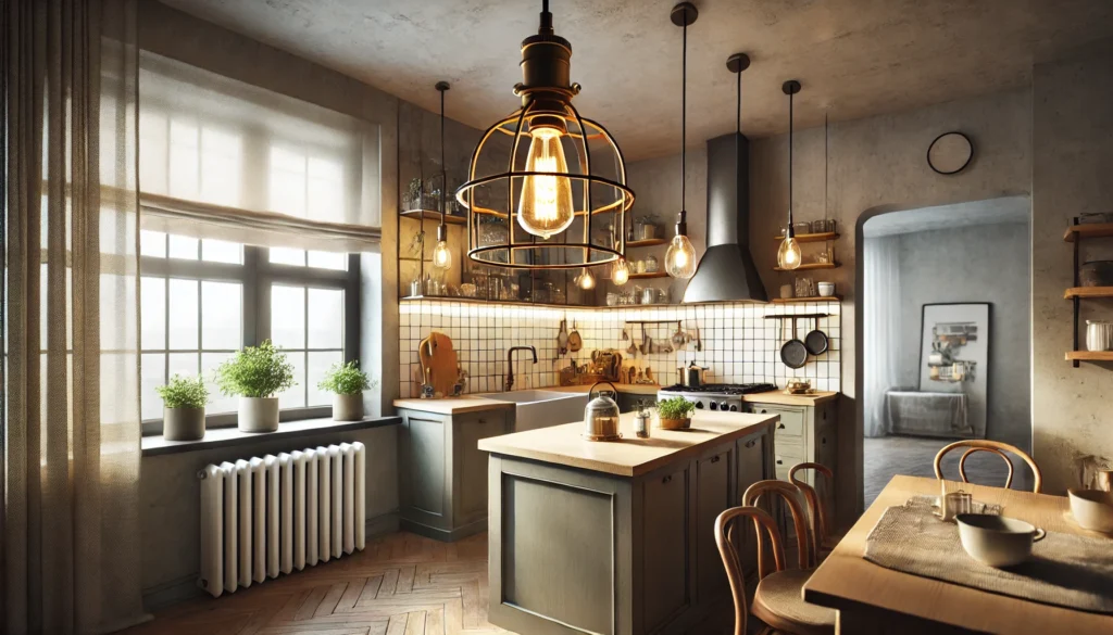 Small kitchen with a DIY pendant light made from an old fixture, adding a creative and frugal lighting option