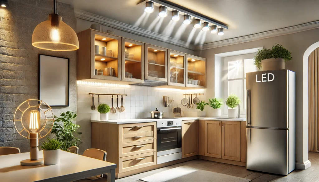 Small kitchen with affordable LED light fixtures offering bright, energy-efficient illumination in a modern design