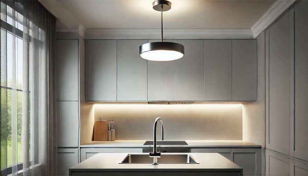 Kitchen with pendant or recessed lighting over the sink, providing focused task lighting for dishwashing and food prep