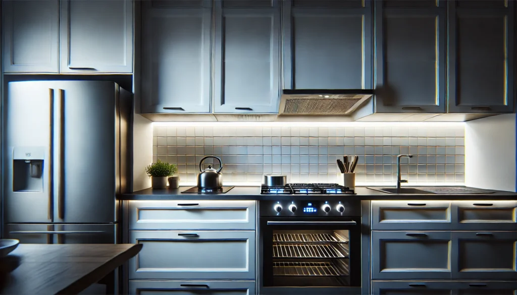 Small kitchen with under-cabinet lighting illuminating the cooking area, enhancing visibility for food preparation tasks