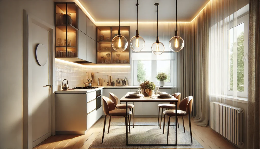 Small kitchen with pendant light or small chandelier over the dining nook, creating a warm and cozy ambiance