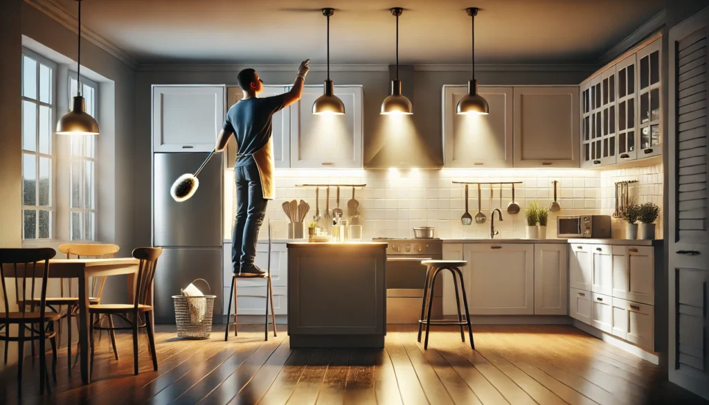 Person dusting light fixtures in a small kitchen, ensuring their brightness and effectiveness for optimal lighting