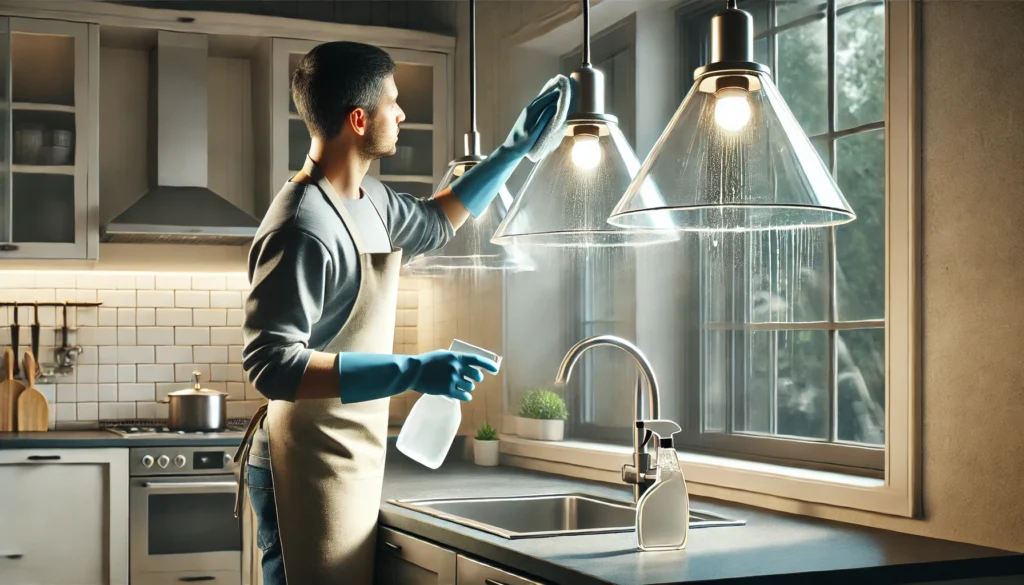 Person cleaning glass shades in a small kitchen using a mild soap solution to remove grease and grime