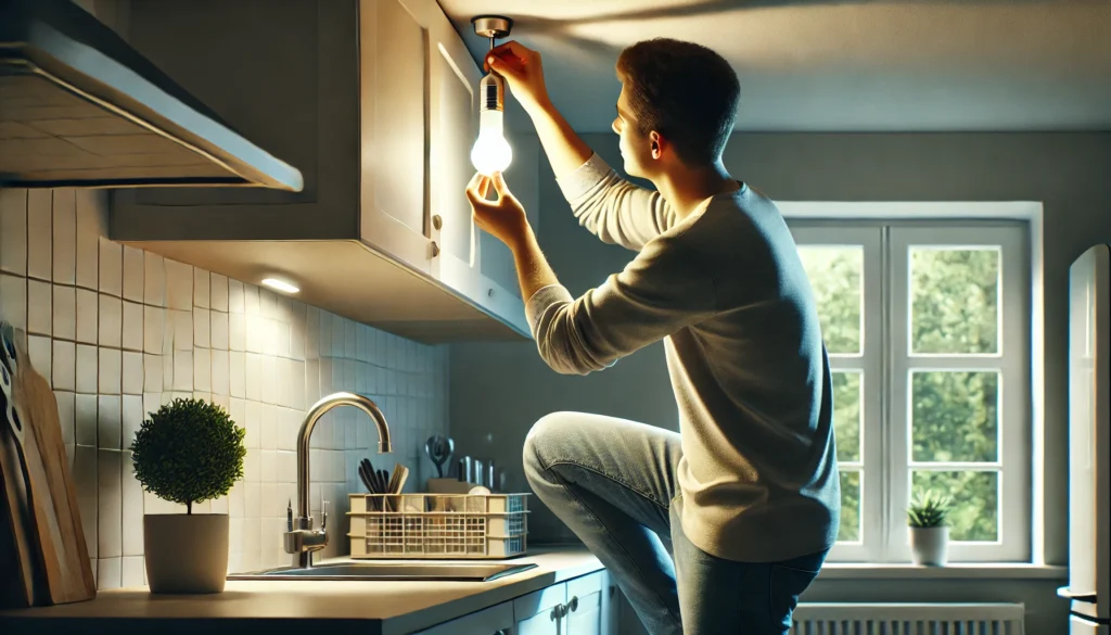 Person replacing a light bulb in a small kitchen, maintaining consistent and effective lighting in the space