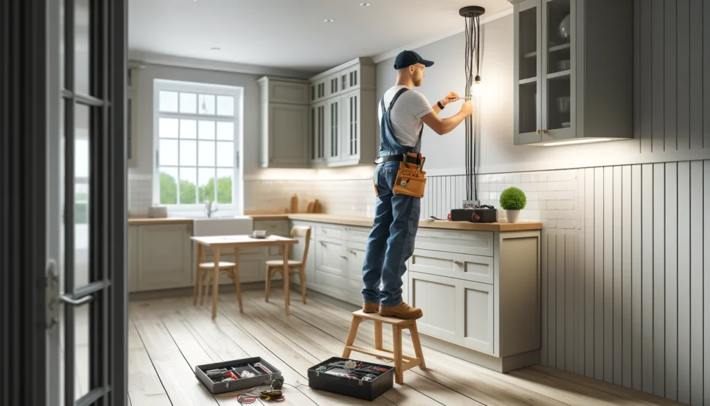 Electrician performing electrical tasks in a small kitchen, ensuring proper wiring and safety for light fixture installation