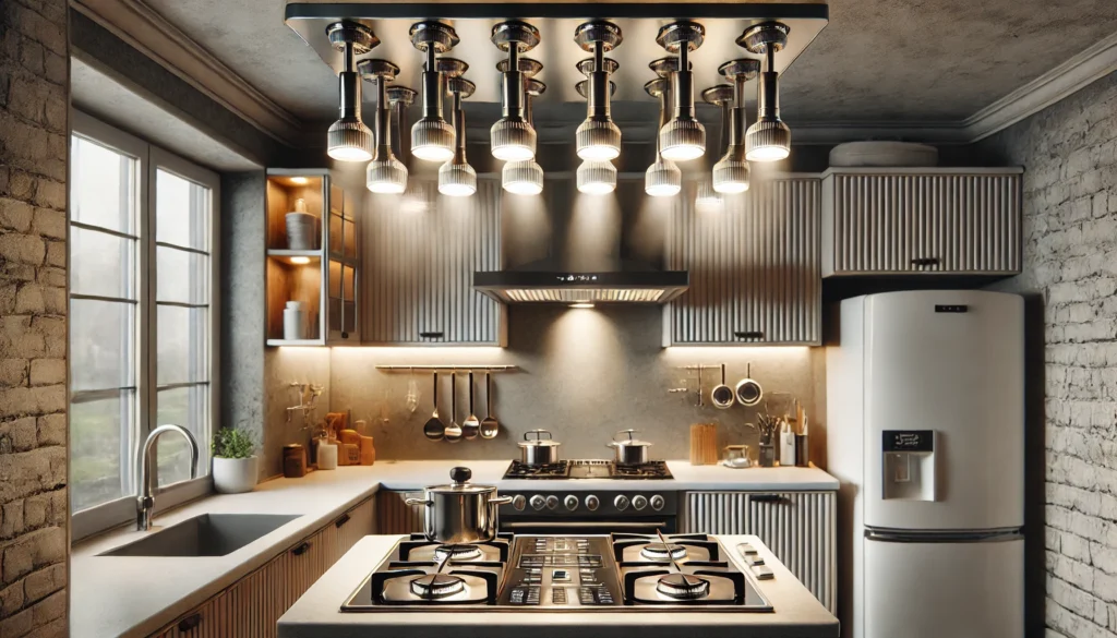 Small kitchen with heat-resistant light fixtures above the stovetop, designed to withstand high temperatures while providing illumination