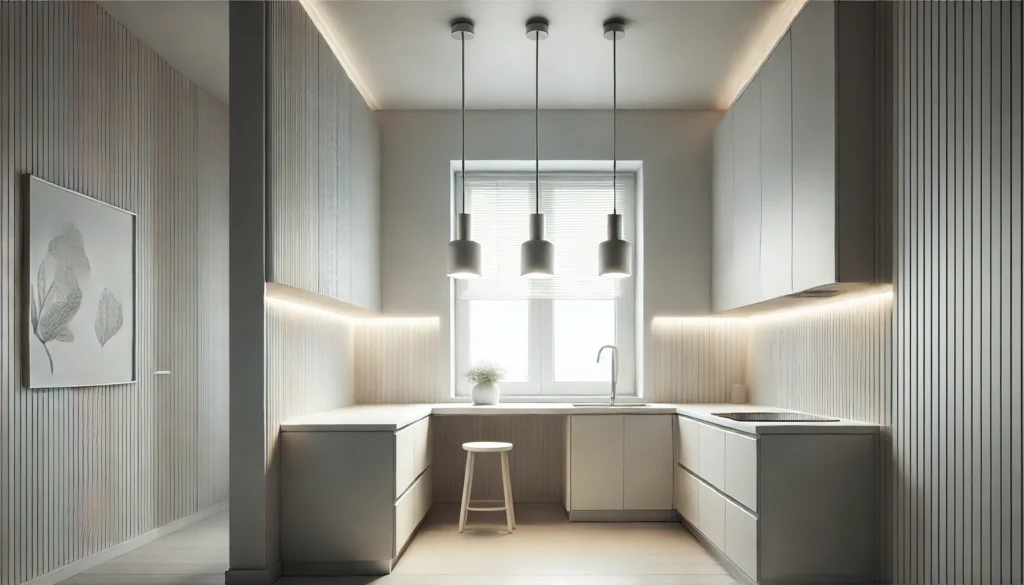 Small kitchen with sleek, minimalist light fixtures providing subtle illumination, emphasizing modern design and functionality