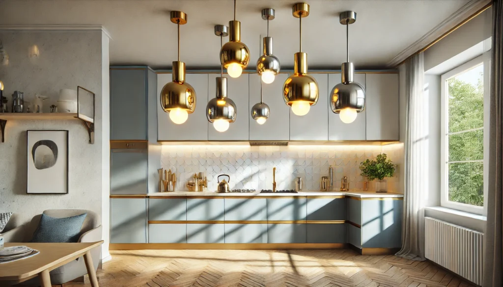 Small kitchen with pendant lights featuring mixed metal finishes, including gold, silver, and matte black, creating a modern and stylish atmosphere