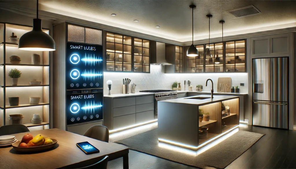 Modern kitchen with smart lighting systems, featuring voice-controlled and app-controlled smart bulbs that adjust brightness and color temperature