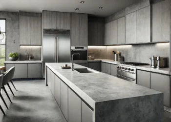 A modern kitchen featuring smooth, polished concrete countertops with a subtle gray tone, stylish cabinetry, and stainless steel appliances, emphasizing durability and trendiness in kitchen design