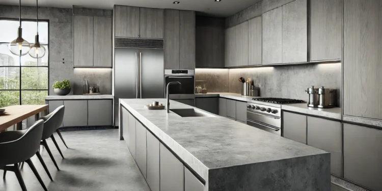 A modern kitchen featuring smooth, polished concrete countertops with a subtle gray tone, stylish cabinetry, and stainless steel appliances, emphasizing durability and trendiness in kitchen design