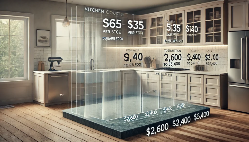 A modern kitchen with a transparent overlay displaying a cost breakdown of concrete countertops, showing a price range of $65 to $135 per square foot and an estimated total cost of $2,600 to $5,400, highlighting key cost factors