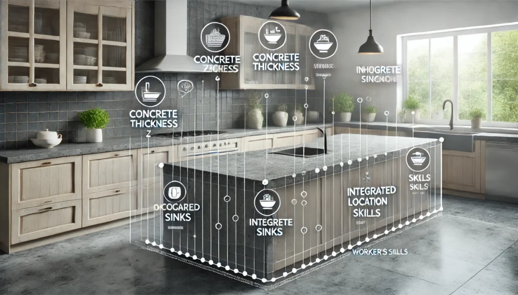 A modern kitchen with a digital infographic overlay listing factors that affect concrete countertop costs, including countertop size, thickness, color and design choices, integrated sinks, home location, and worker’s skills