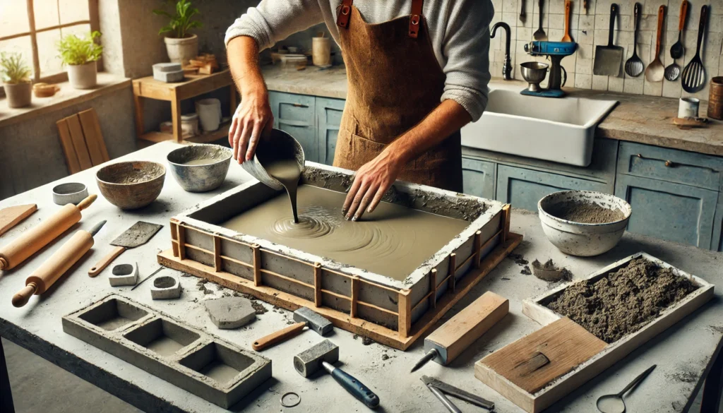 A person pouring and smoothing wet concrete into a countertop mold in a home workshop, surrounded by DIY tools and materials, showcasing the hands-on process of making cost-effective concrete countertops