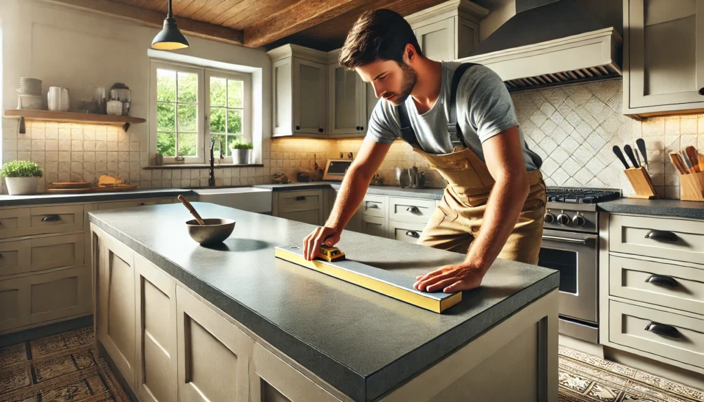 A professional contractor installing a concrete kitchen countertop, carefully leveling and sealing the surface in a modern kitchen with sleek cabinetry and stainless steel appliances, emphasizing durability and high-quality craftsmanship