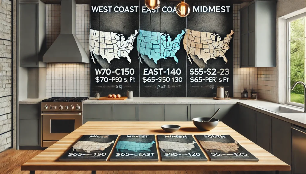 A digital infographic displaying regional cost variations for concrete kitchen countertops across the U.S., highlighting price differences in the West Coast, East Coast, Midwest, and South, with a modern kitchen background