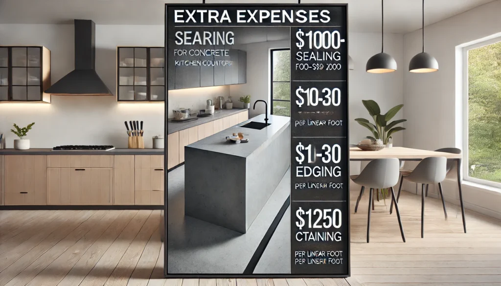 A digital infographic detailing extra expenses for concrete kitchen countertops, including costs for sealing, edging, and coloring or staining, with a stylish modern kitchen background