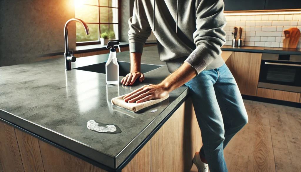 Homeowner sealing and cleaning a concrete kitchen countertop using a protective coating and mild soap solution, ensuring long-term durability and maintenance