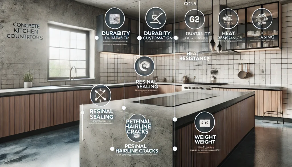 A modern kitchen with a digital infographic overlay listing the pros and cons of concrete countertops, highlighting durability, customization, and heat resistance as advantages, along with regular sealing, potential cracks, and weight concerns as drawbacks