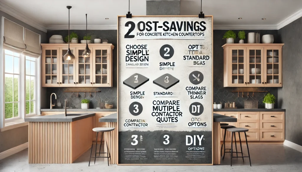 A digital infographic displaying cost-saving tips for concrete kitchen countertops, including choosing a simple design, standard edges, thinner slabs, comparing contractor quotes, and DIY options, with a stylish budget-friendly kitchen in the background