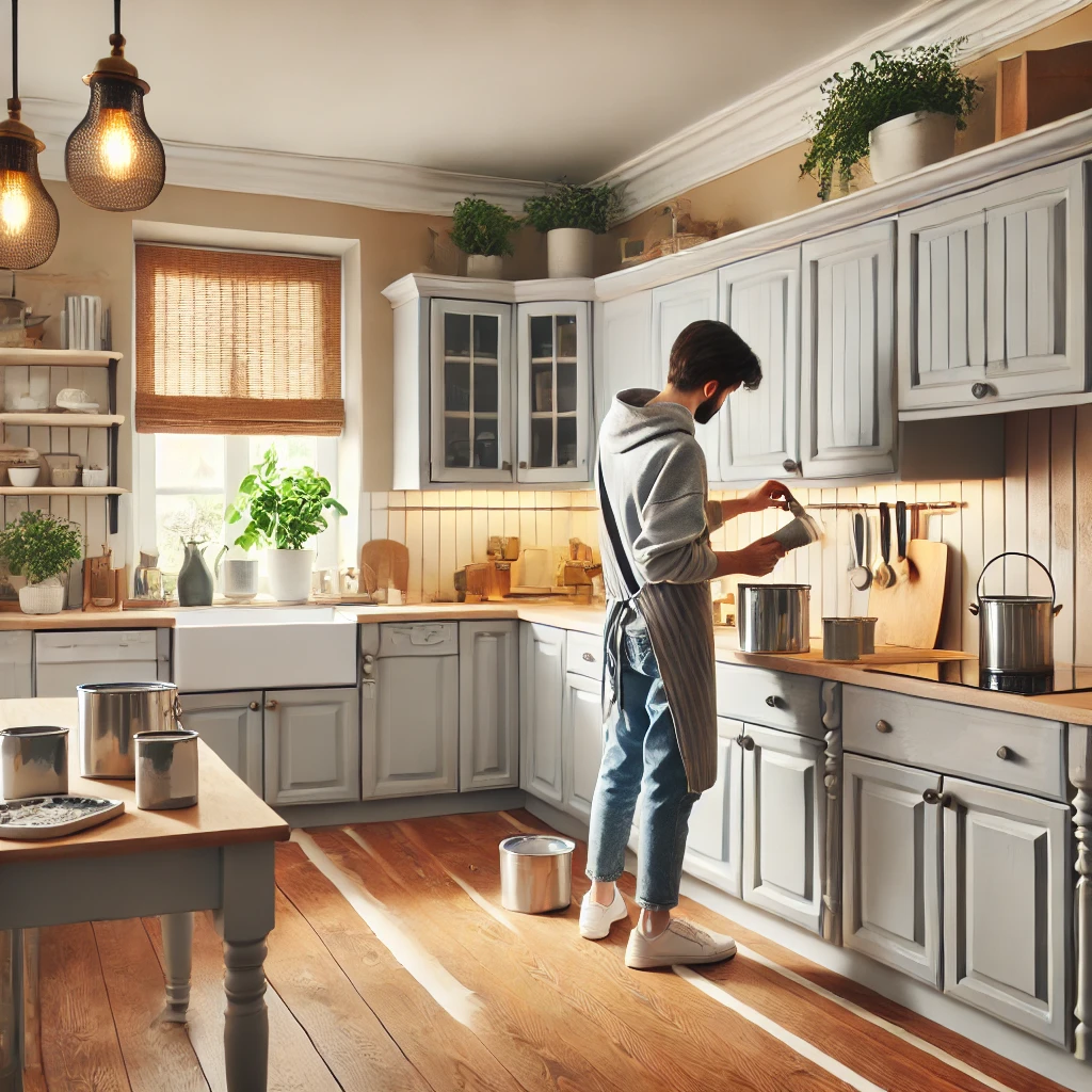 A homeowner painting old kitchen cabinets light gray, transforming them into a modern and budget-friendly kitchen upgrade