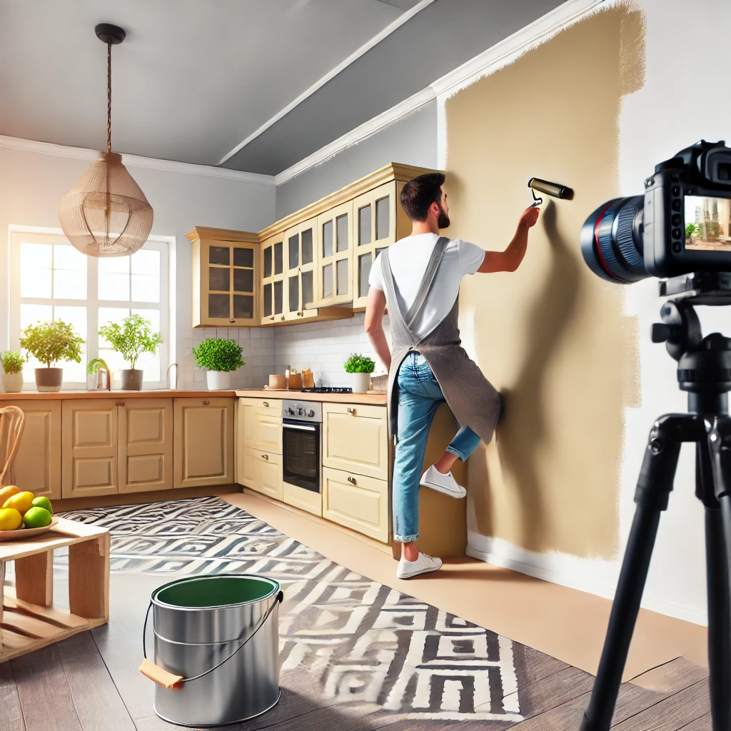 A homeowner painting a kitchen wall with a fresh new color, complementing the cabinets and flooring for a stylish and budget-friendly renovation