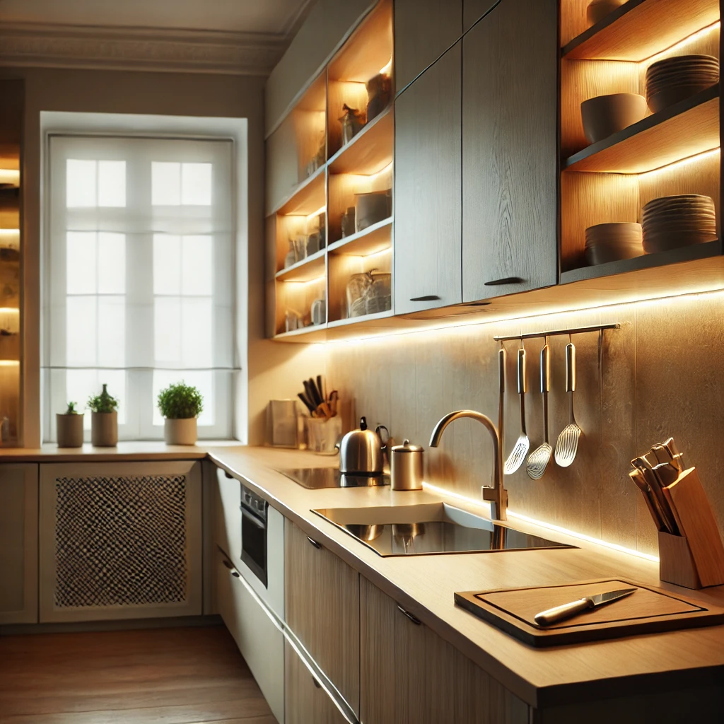 A modern kitchen with newly installed under-cabinet LED strip lighting, brightening the countertops and creating a stylish and functional workspace