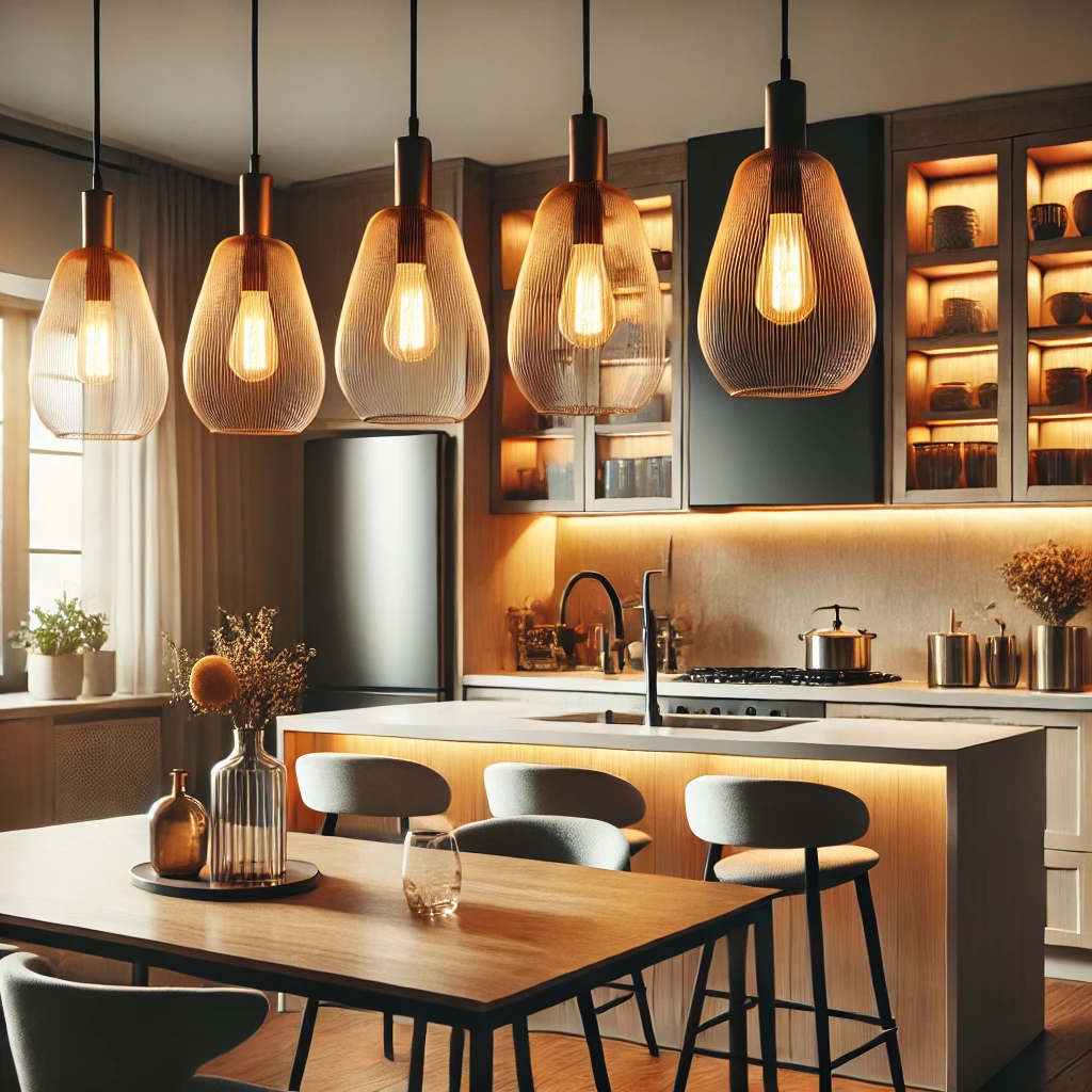 A modern kitchen with stylish pendant lights hanging above a kitchen island, adding warmth and elegance to the space