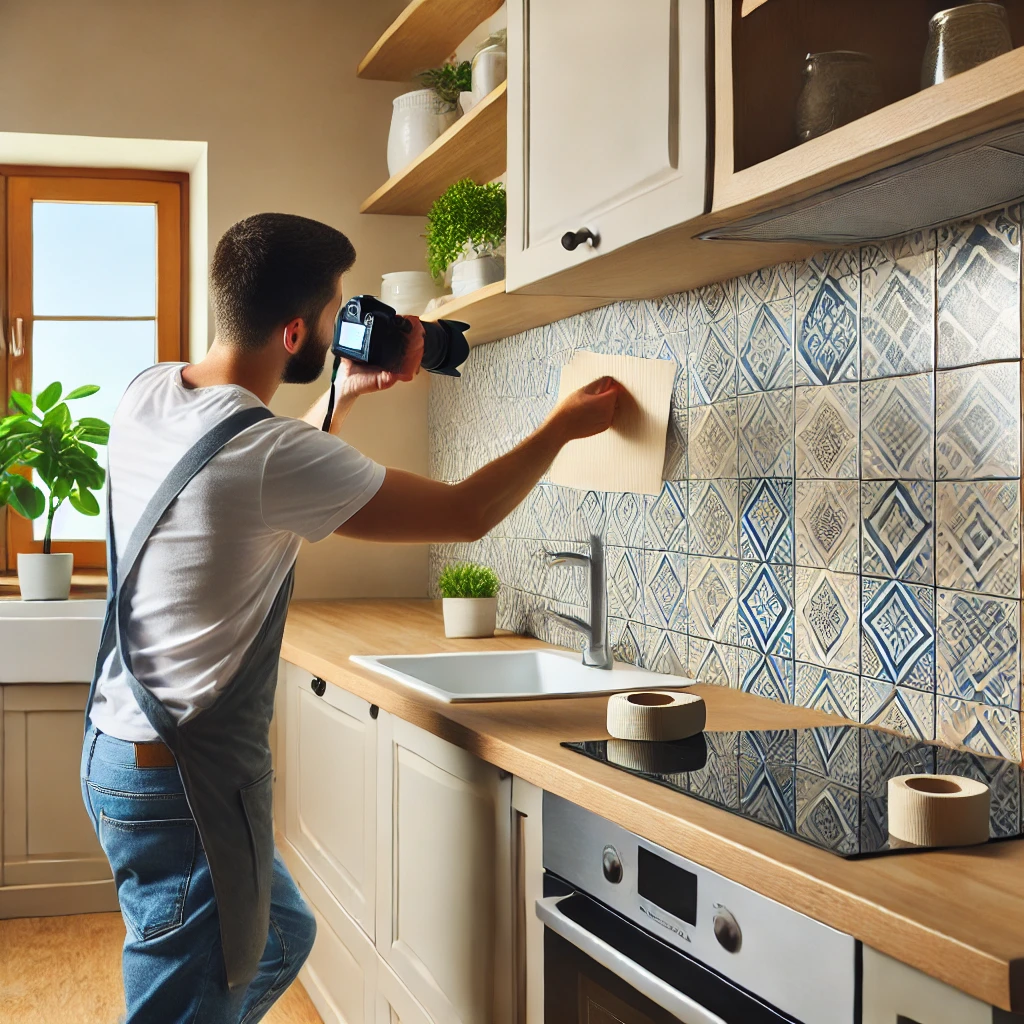 A homeowner applying stylish peel-and-stick tiles to a kitchen backsplash, instantly transforming the space with a budget-friendly decor solution