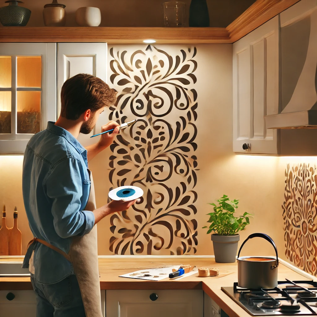 A homeowner painting a kitchen backsplash using stencils to create a decorative pattern, adding an elegant and cost-effective design to the space