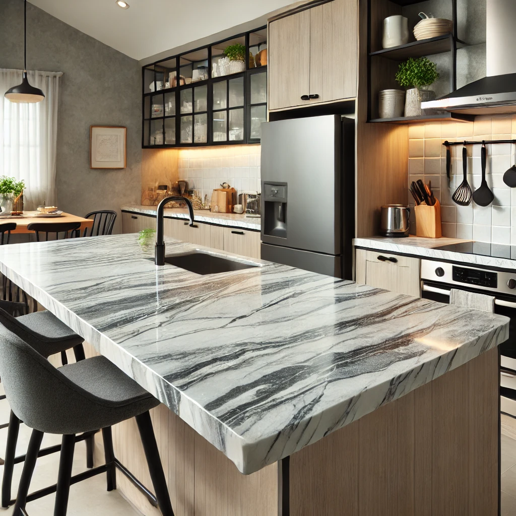 A modern kitchen featuring budget-friendly laminate countertops with a sleek marble-like finish, providing an elegant and cost-effective alternative to expensive stone