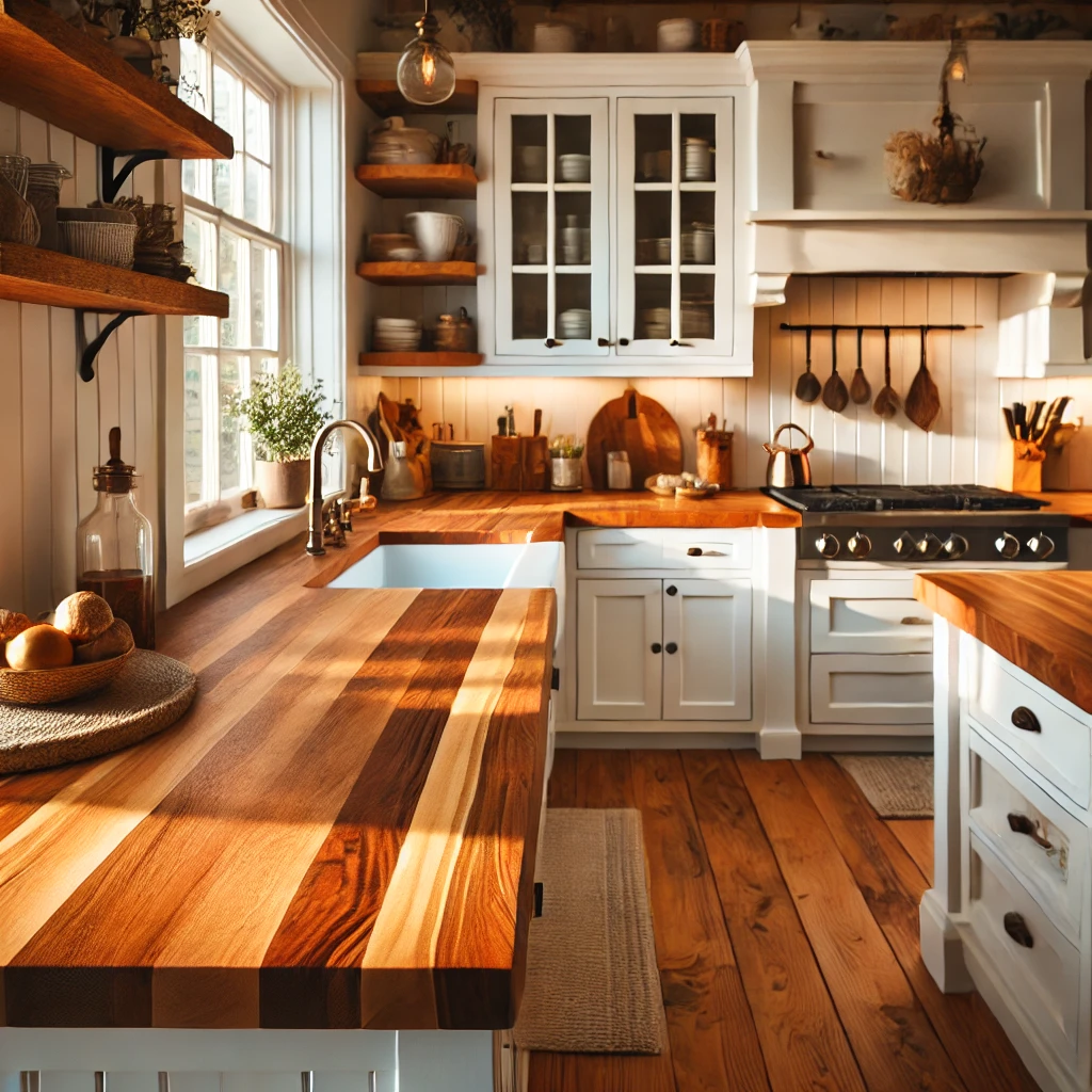 A cozy kitchen featuring warm wooden butcher block countertops, providing a budget-friendly and stylish alternative to expensive stone surfaces